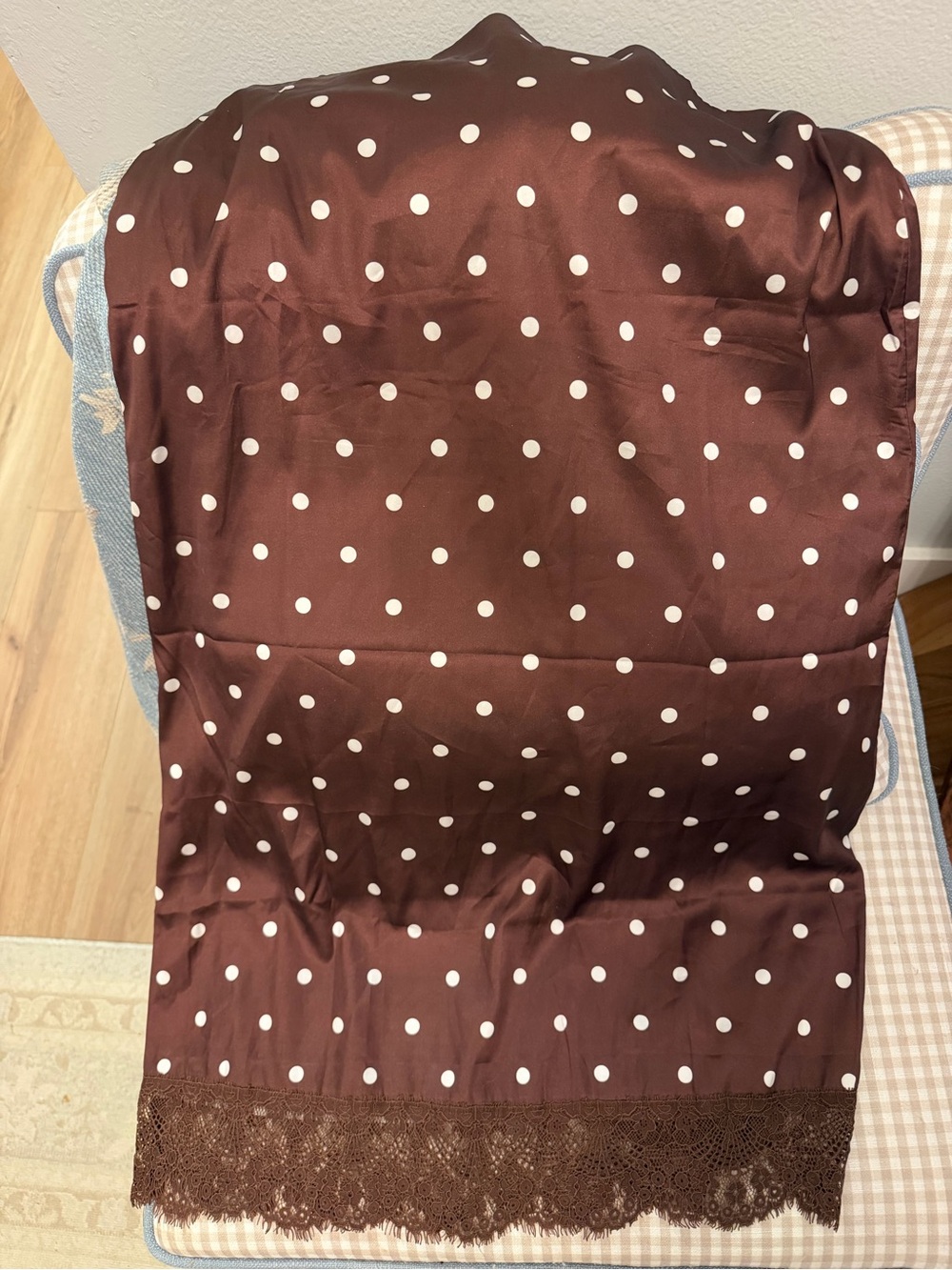 NWOT Brown Polka Dot Satin Skirt with Lace Trim